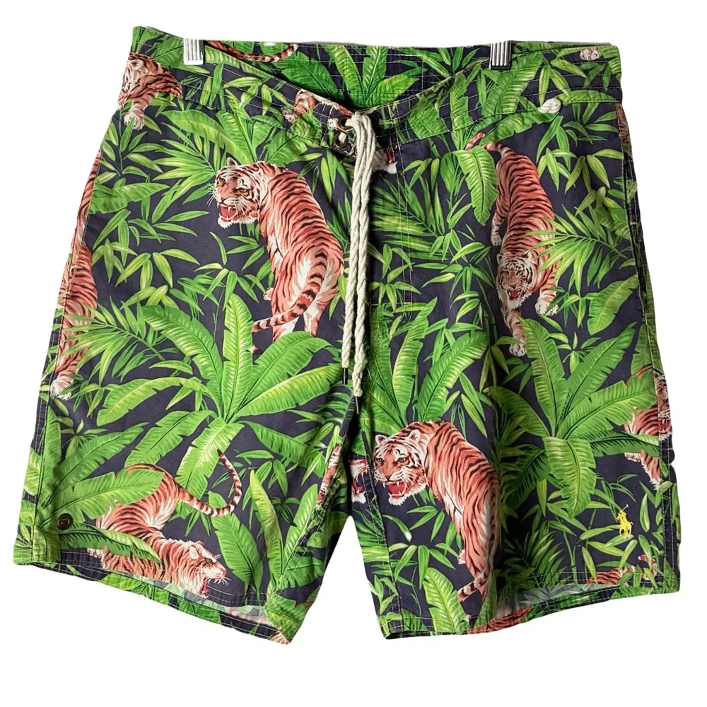 Polo Ralph Lauren Mens 34 Big Lined Swim Trunks Shorts Tiger Jungle Pattern
